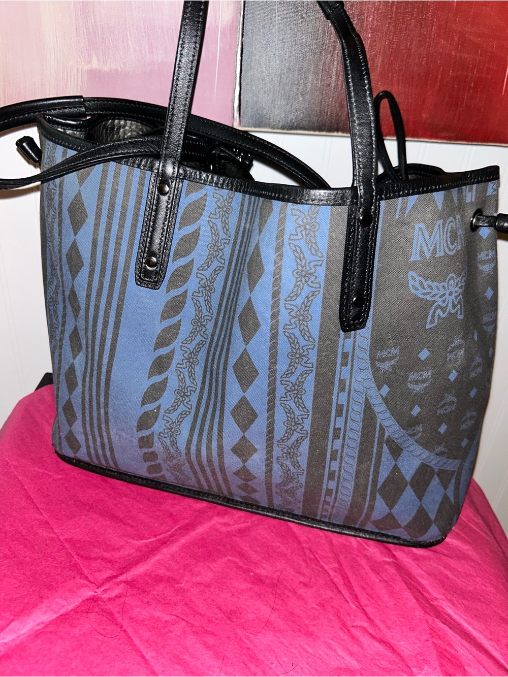 MCM Metallic Silver Tote with Black Trim - Picture 6 of 7